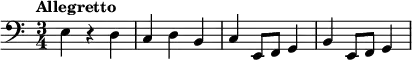 
\new staff
\relative c {
\set Staff.midiInstrument = #"cello"
\clef bass
\key a \minor
\time 3/4
\tempo "Allegretto" \tempo 4 = 110
e4 r d c d b c e,8 f g4 b e,8 f g4
}
