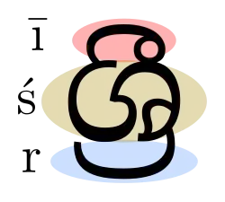 The word ශ්‍රී (Śrī) in the Sinhala script with its components marked is displayed here.