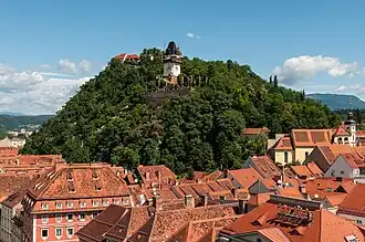 The Schlossberg (Castle Hill) with the clock tower (Uhrturm), as seen from town hall