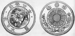 One yen coin of 1870 (Meiji 3 明治三年), both sides.