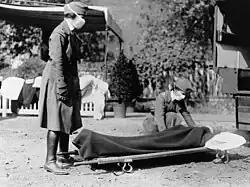 Two American Red Cross nurses demonstrated treatment practices during the influenza pandemic of 1918.