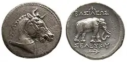 Tetradrachm of Seleucus I, the horned horse, the Elephant and the anchor were all used as symbols of the Seleucid monarchy. of