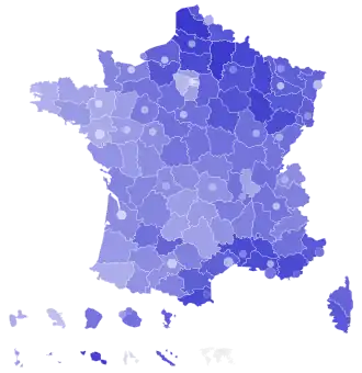 Support for Le Pen by department and major city