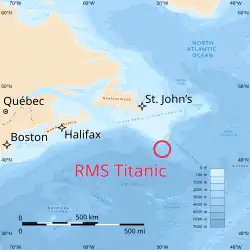 Map of the ocean to the southeast of Newfoundland, with a line from St. John's to the location of the Titanic wreck 400 nautical miles southeast.