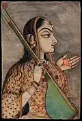 'A lady singing', gouache painting with gold on paper 1740-45, Rajasthan, artist unknown