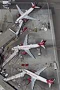 Three Virgin America aircraft at Los Angeles International Airport.