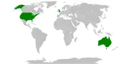 A world map, depicting Australia, the United Kingdom, and the United States in green; all remaining countries are in grey