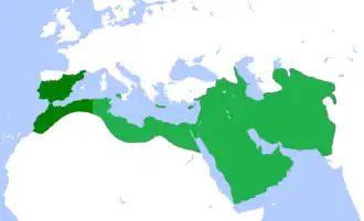 Abbasid Caliphate (light and dark green) at its greatest extent, c. 850. Territories in dark green were lost early on.