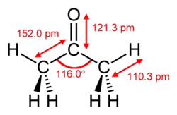 Full structural formula of acetone with dimensions