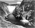 Looking across the water at the Hoover Dam, 1941.