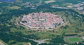 An aerial photograph showing the layout of the town and the way it was built as a fortification.