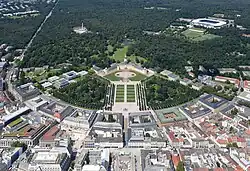 The town centre of the city of Karlsruhe (Germany) photographed from an aeroplane. It is easy to recognize the historic layout of the town: The streets head away from the palace like the rays of the sun.