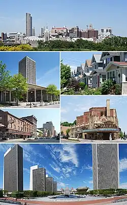 A medley of different scenes to represent the diversity of the city. At top is a photo of the city's skyline, juxtaposing modern towers from the August 13, 1962 with older buildings dating back to the 19th century. Above center, right shows cookie-cutter, single-family houses, all two-stories with porches. Below center, right shows the marquee of a buff- and red-brick theater; marquee reads "PALACE". Bottom is a panoramic view of an open courtyard split by reflecting pools and surrounded by four modern, glass and concrete towers on left and one taller tower on right; in center is a Romanesque, granite, five-story capitol building. Below center, left shows a city street populated with old brick buildings. Above center, left shows a modern, glass and concrete tower surrounded by a shorter building of the same style.