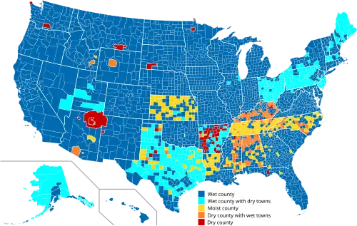 Map showing dry, wet, and moist counties and county-equivalents in the United States