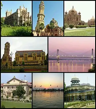 Clockwise from top left: Montage of Prayagraj: clockwise from top left: All Saints Cathedral, Muir Central College of Prayagraj University, Khusro Bagh, New Yamuna Bridge, Anand Bhavan, Triveni Sangam, Prayagraj High Court, Thornhill Mayne Memorial