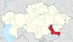 Map of Kazakhstan, location of Almaty Province highlighted