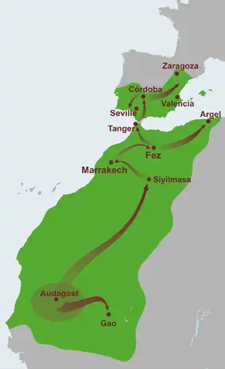 Map showing the extent of the Almoravid Empire