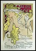 Alphonse Mucha  was another influential Art Nouveau designer. The subjects of his posters are often beautiful, with joyous young women, flowing lines, and decorative flowers. He used an innovative soft pastel coloring scheme in his posters.
