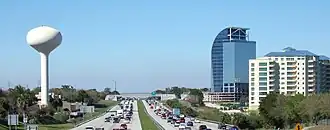 Skyline of Altamonte Springs viewed from Interstate 4, with the unfinished Majesty Building in the background.