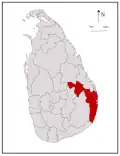 Area map of Ampara District, located along the east by south and south east coast and projecting into the interior of the country at the northern border, in the Eastern Province of Sri Lanka