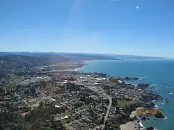 An aerial view of Brookings, Oregon and its coastline