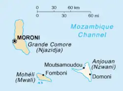 Anjouan is the rightmost island of the Comoros islands.
