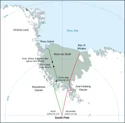  Map of a segment of Antarctica, identifying the polar marches of Scott and Amundsen. The track of Scott's journey shows the approximate locations of the deaths of the members of his polar party.