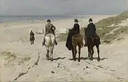 a group of well dressed equestrians, the lady riding sidesaddle, descend from the dunes to the beach at Scheveningen towards the bathing huts, their horses leaving droppings in the sand