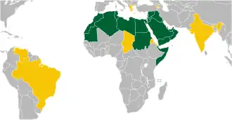 Member states shown in dark green; Observer states shown in yellow