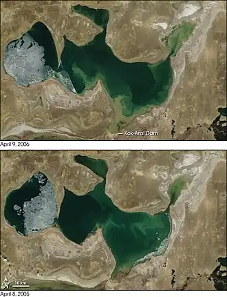 North Aral Sea, comparison April 2005/2006 (showing the sea has grown)