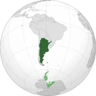 Mainland Argentina shown in dark green, with territorial claims shown in light green