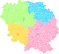 Arrondissements in 1800: Aubusson (rose), Bourganeuf (yellow), Boussac (blue), Guéret (green)