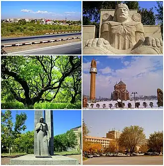 From top left:
View of Artashat&nbsp;• Statue of King Artaxias IApricot farms &nbsp;• Surp Hovhannes ChurchWorld War II memorial&nbsp;• Downtown Artashat