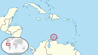 Location of &nbsp;Aruba&nbsp;&nbsp;(circled in red)in the Caribbean&nbsp;&nbsp;(light yellow)