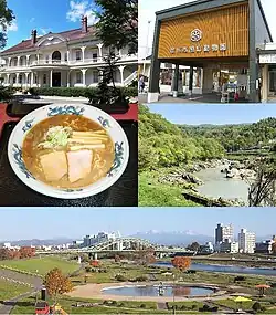 Top:Asahikawa Museum of Sculpture, Asahiyama Animal Park,
Middle:Asahikawa Ramen noodle, Kamuy Kotan, Bottom:Panoramic view of Asahi Bridge and Taisetsu Mountain Range, (all item of left to right)