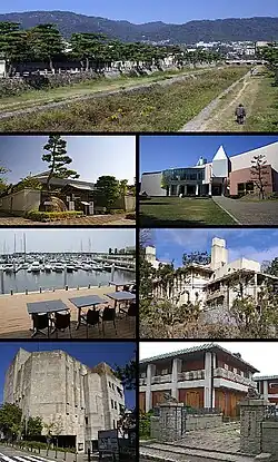 Clockwise from top, Ashiya River, Ashiya Municipal Museum Art, Yodoko Guest House, Emba Museum of Modern Art, Ashiya Citizen Center, Bell Port Ashiya, Jyunichiro Tanizaki Memorial Hall