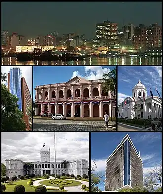 From the top to bottom, left to right: skyline of the city from the Paraguay River, Citibank Tower, the Cabildo of Asunción, the National Pantheon of the Heroes, Palacio de los López, Hotel Guaraní