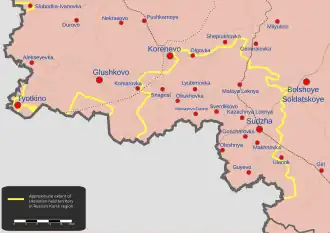 The yellow dots and the red dots are settlements in Kursk Oblast, Russia