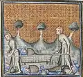 A wounded knight carried on a stretcher in the Middle Ages, manuscript dating back to approximately 1380 AD.