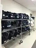 Bags of medical supplies and defibrillators at the York Region EMS Logistics Headquarters in Ontario, Canada.