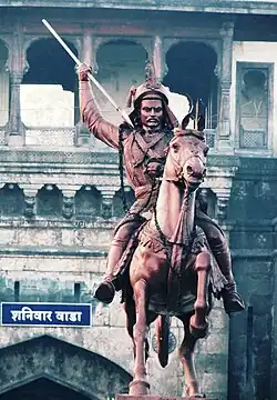 The image represents one of the most popular Peshwas, Bajirao I who is regarded as a military genius by many.His battles mostly involved long chases, Guerrilla warfare and ingenious utilization of cavalry. He fought in over 40 battles throughout his tenure as Peshwa and won all of them, most notably the Battle of Palkhed and Battle of Bhopal.