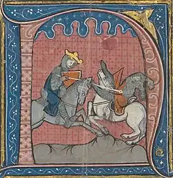A crowned man battling another man, both on horseback