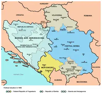 Karadžić was President of the Republika Srpska (shown in pink)
