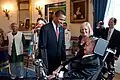 President Barack Obama talks with Stephen Hawking in the Blue Room of the White House before a ceremony presenting him and 15 others the Presidential Medal of Freedom, August 12, 2009.