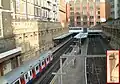 Barbican station from the west. Inset: former roof support