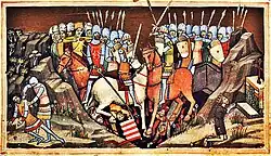 Battle of Ménfő, in the corner (left) the depiction of the killing of  Samuel Aba.