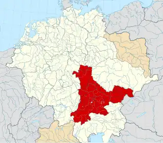 Duchy of Bavaria (red, including the Austrian march) within the Holy Roman Empire circa 1000.