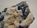 A rough rock showing several intense, dark blue benitoite crystals emerging from white natrolite matrix.