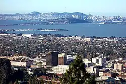Downtown Berkeley viewed from the Berkeley Hills, with San Francisco in the background