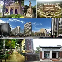 From top: Bethesda Meeting House, Bethesda's Madonna of the Trail statue, the National Institutes of Health, downtown Bethesda near the Bethesda Metro station, Bethesda Avenue at night, Bethesda Theatre, and the Connie Morella Library.